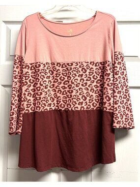 Belle Animal Print T-shirt Top Pink Brown Large Long Sleeves